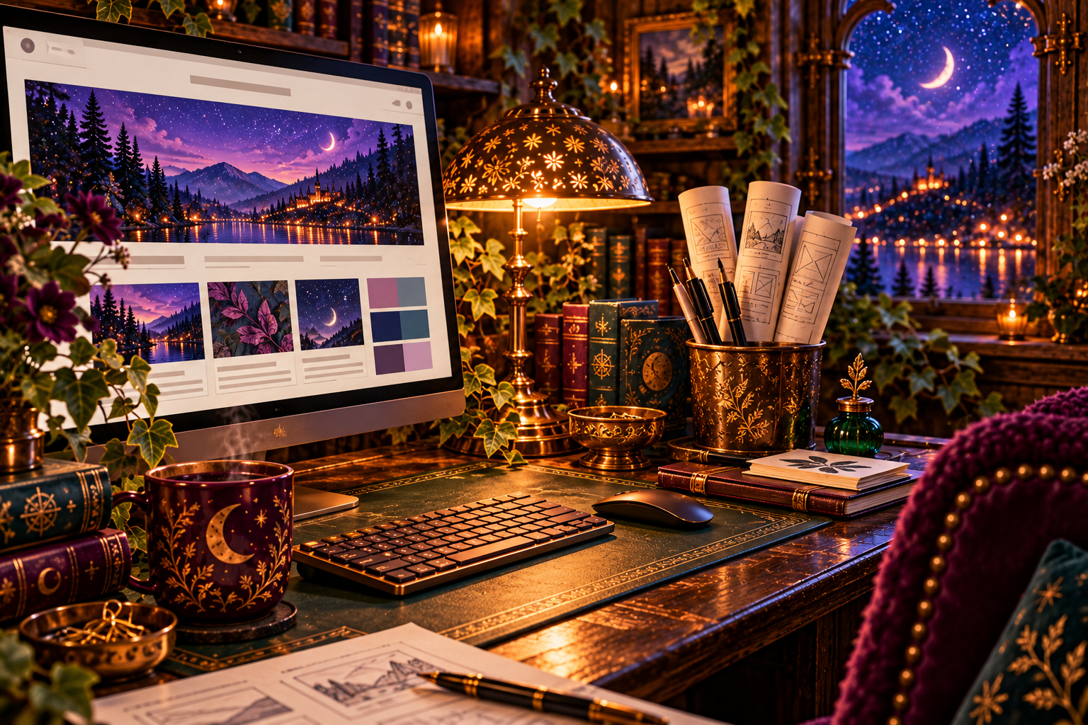 A laptop displaying a website design beside paper layouts and coffee under a brass desk lamp.