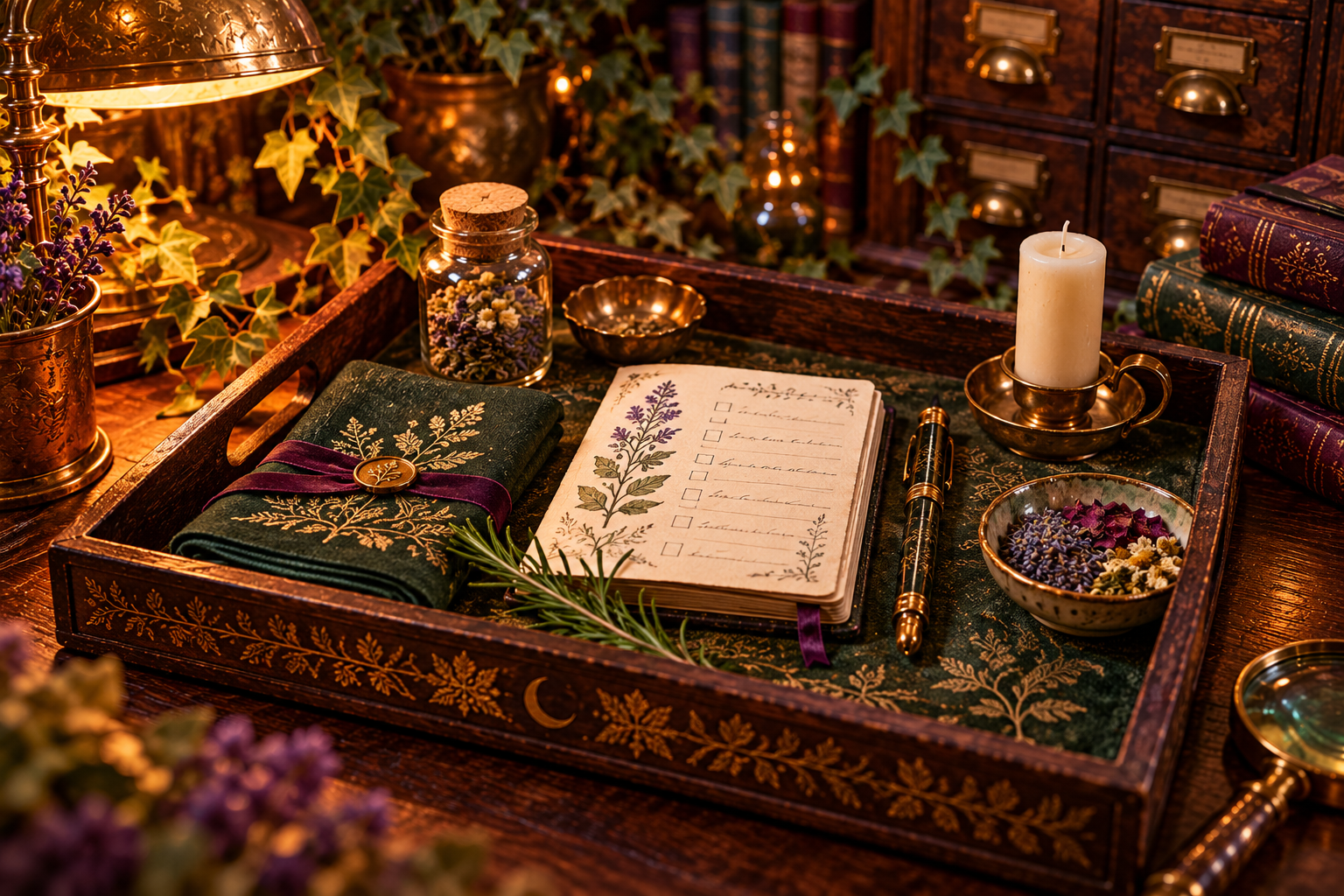 An open preparation checklist beside a tray holding a folded cloth, an unlit candle, a jar, and rosemary.